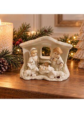 Pastel Childrens Nativity Scene Figurine Gold Trim Nativity Christmas Vignette